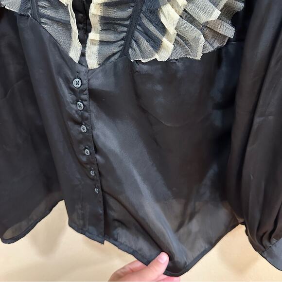 THE GREAT. Black White Ruffled Tuxedo Blouse Top 2 Medium - Picture 11 of 16